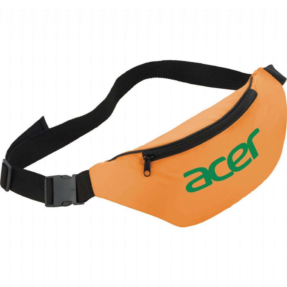 An orange bum bag with a zippered pocket and a branded logo on the front. It features a black adjustable strap.