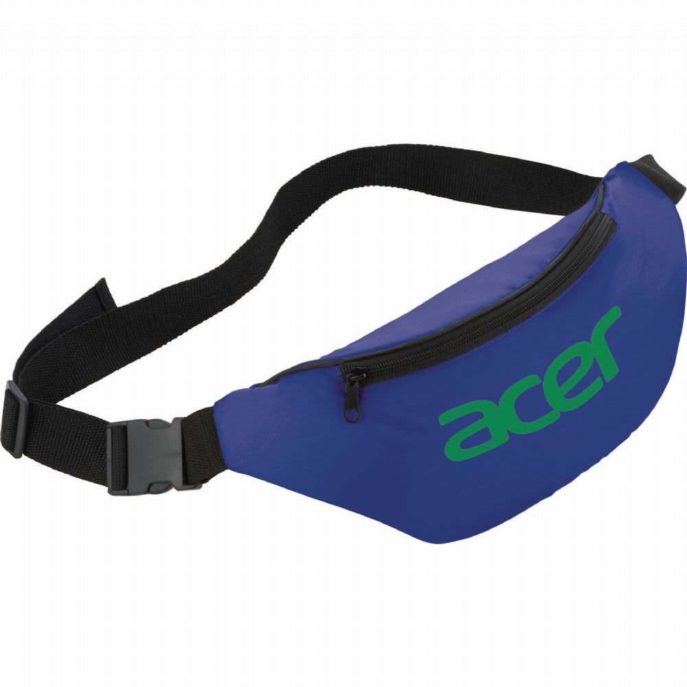 A blue fanny pack with a black strap, featuring a logo on the front and a zippered pocket.