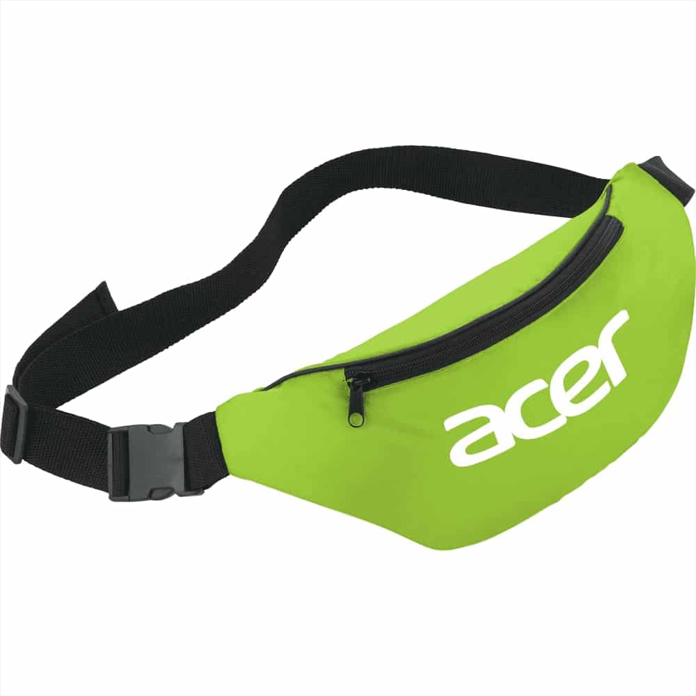 A vibrant green bum bag with a front zip pocket and a logo, featuring an adjustable black strap.