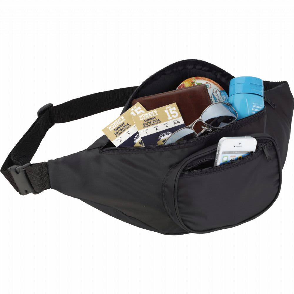 A black fanny pack with multiple compartments, holding a drink bottle, sunglasses, tickets, and a smartphone.