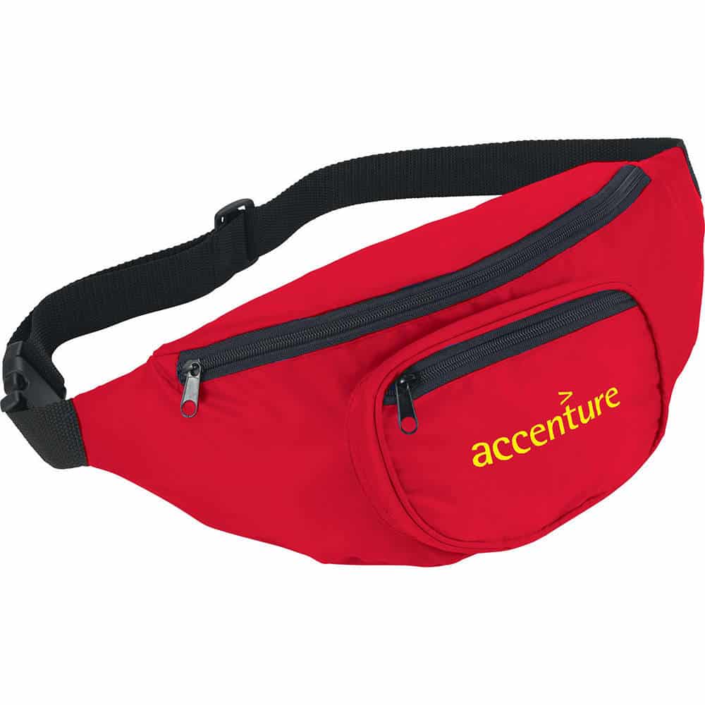 A red fanny pack with a front zip pocket and a logo. Features an adjustable strap for comfort.