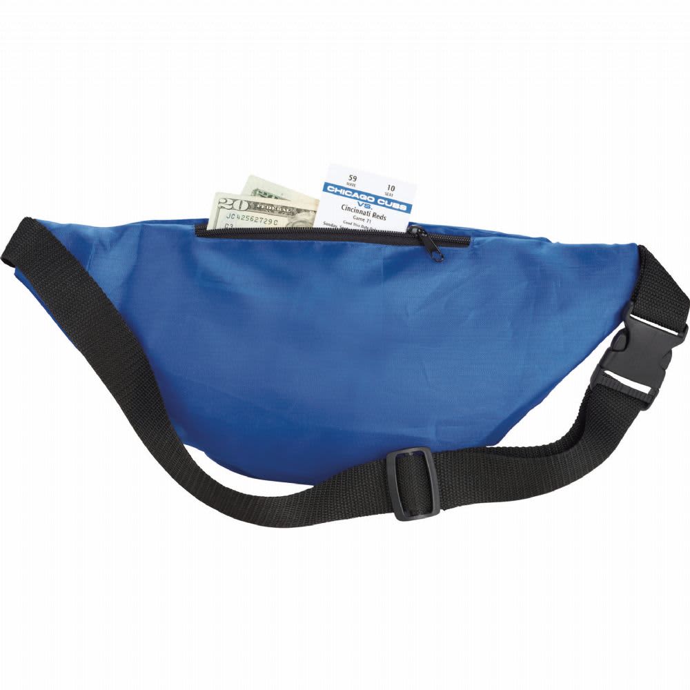 A blue bum bag with a zippered pocket containing cash and a card. It features an adjustable strap and a logo.