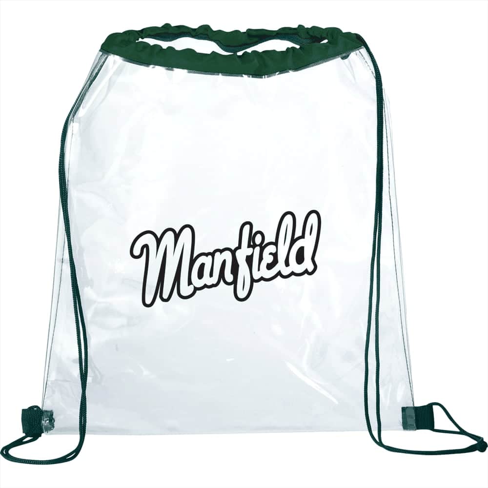 A clear drawstring sportspack with green accents and a logo. Suitable for carrying small items.