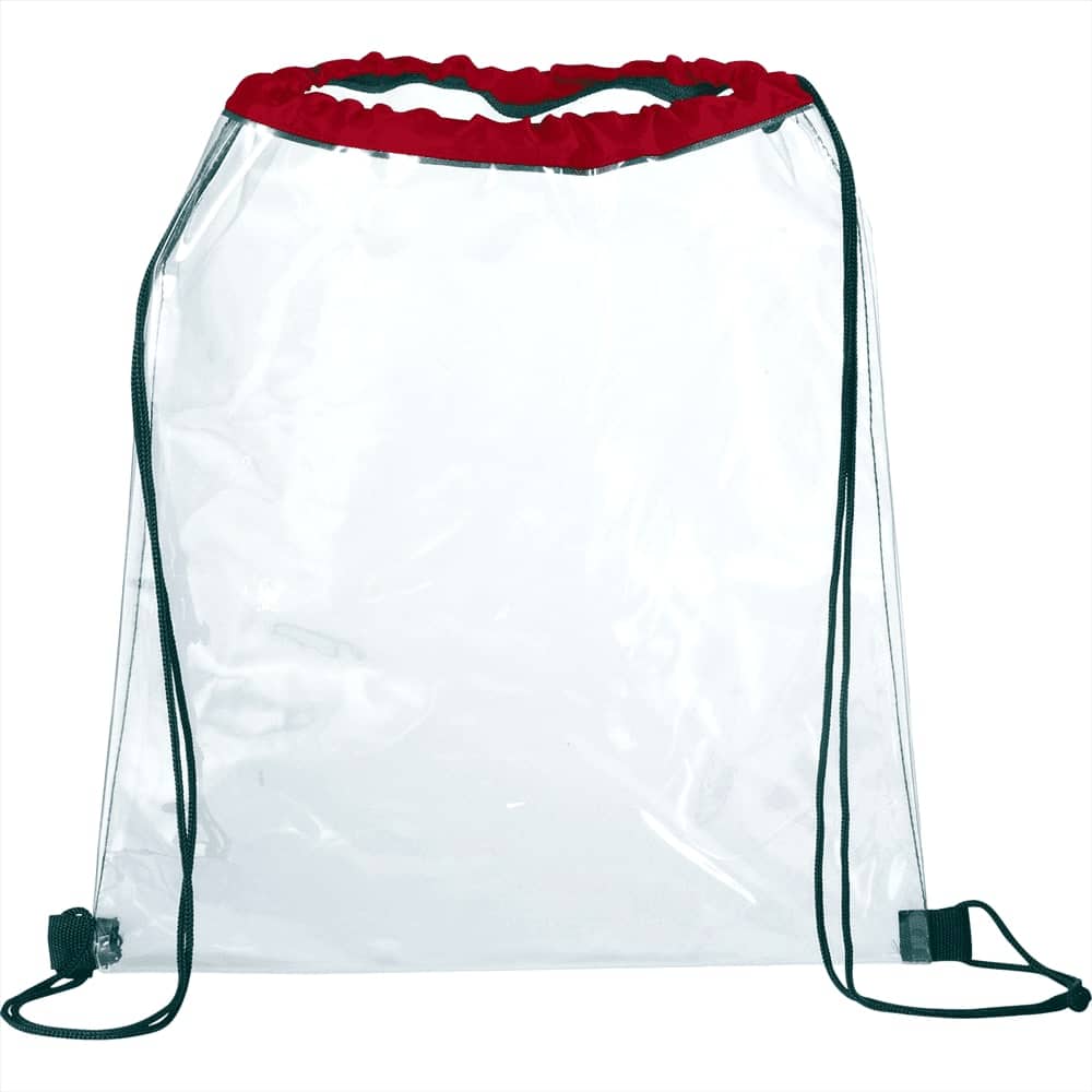 A clear drawstring sportspack with a red top and black cords, featuring a logo on one side.