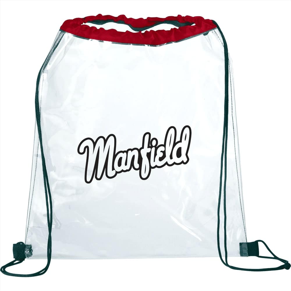 A clear drawstring sportspack featuring a red top and green drawstrings, with a logo on the front.