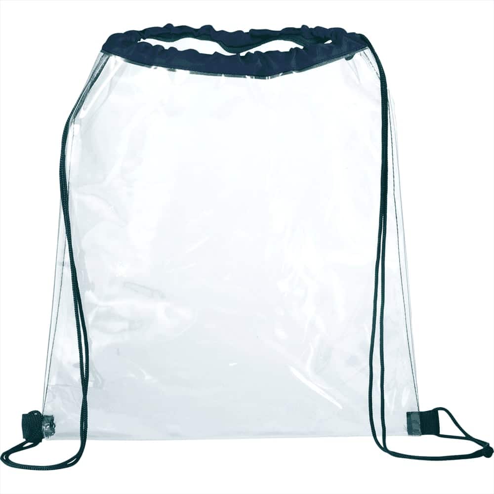 A clear drawstring sportspack with black trim and adjustable cords, featuring a simple design and a logo.