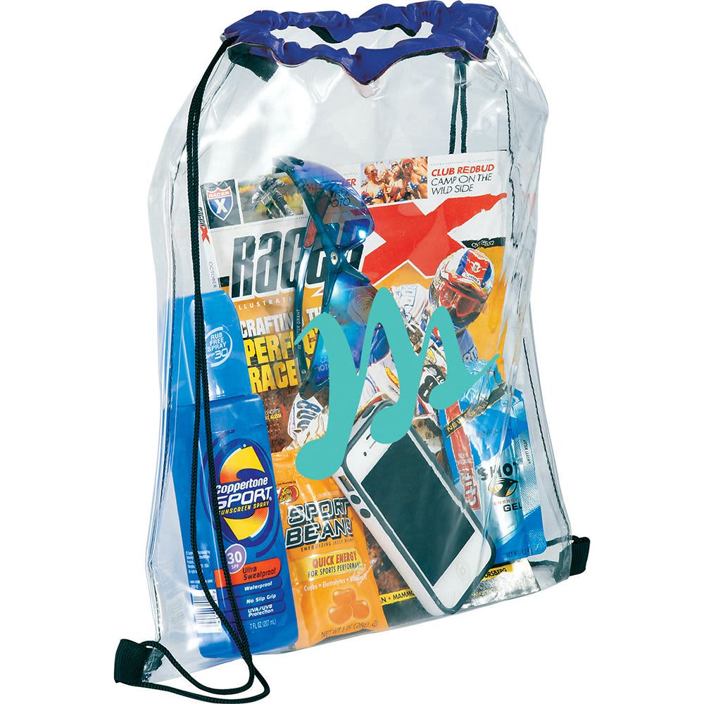 A clear drawstring sportspack featuring various items including sunscreen and a mobile phone, with a blue top and logo.