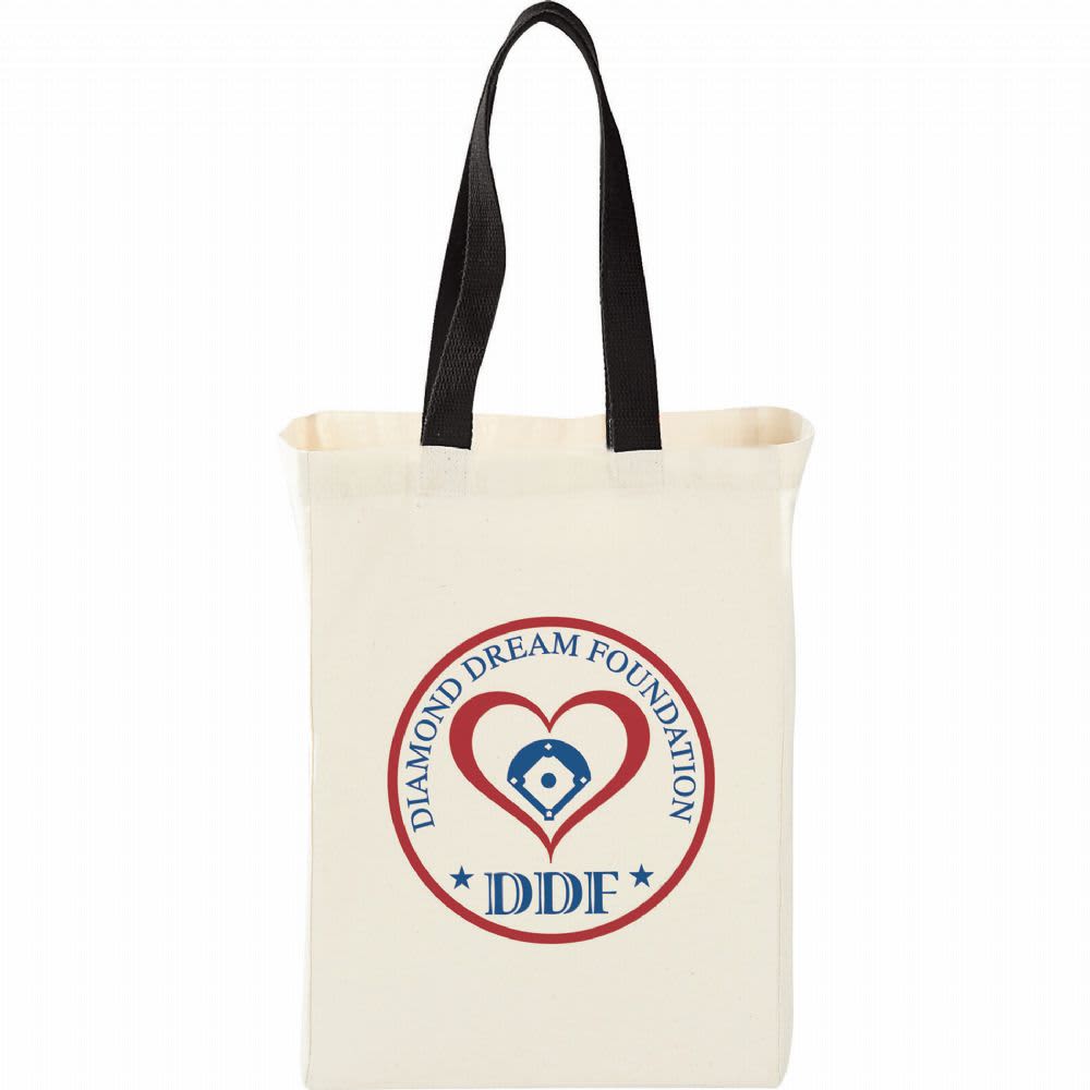 A natural cotton grocery tote in cream with black handles and a logo featuring a heart and text.