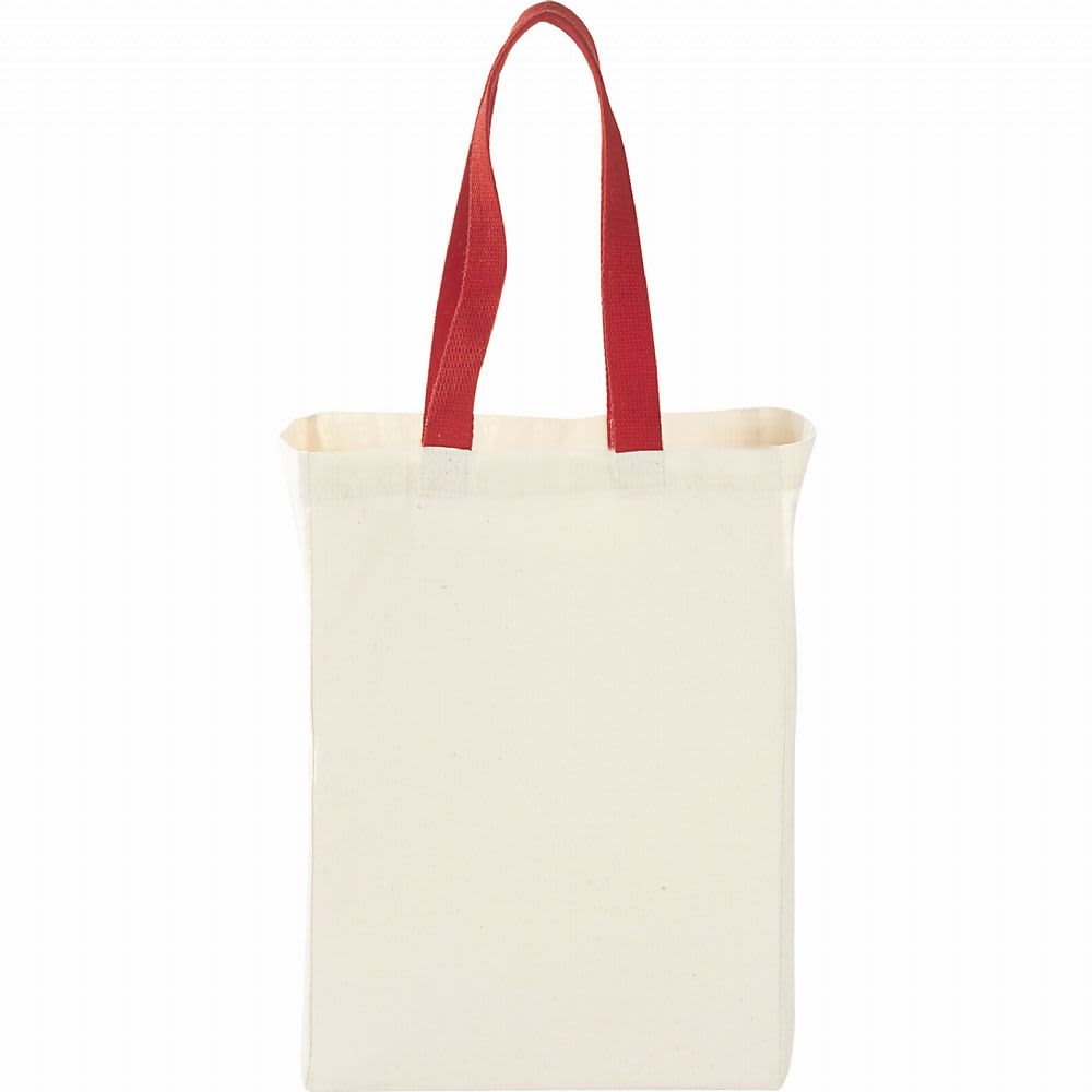 A natural cotton grocery tote in cream with red handles, featuring a simple design and a branding logo.