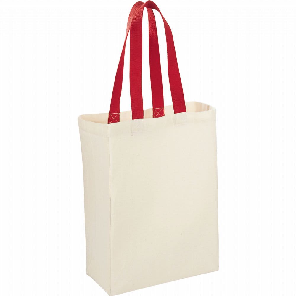 A natural cotton grocery tote in cream with red handles, featuring a logo on one side.