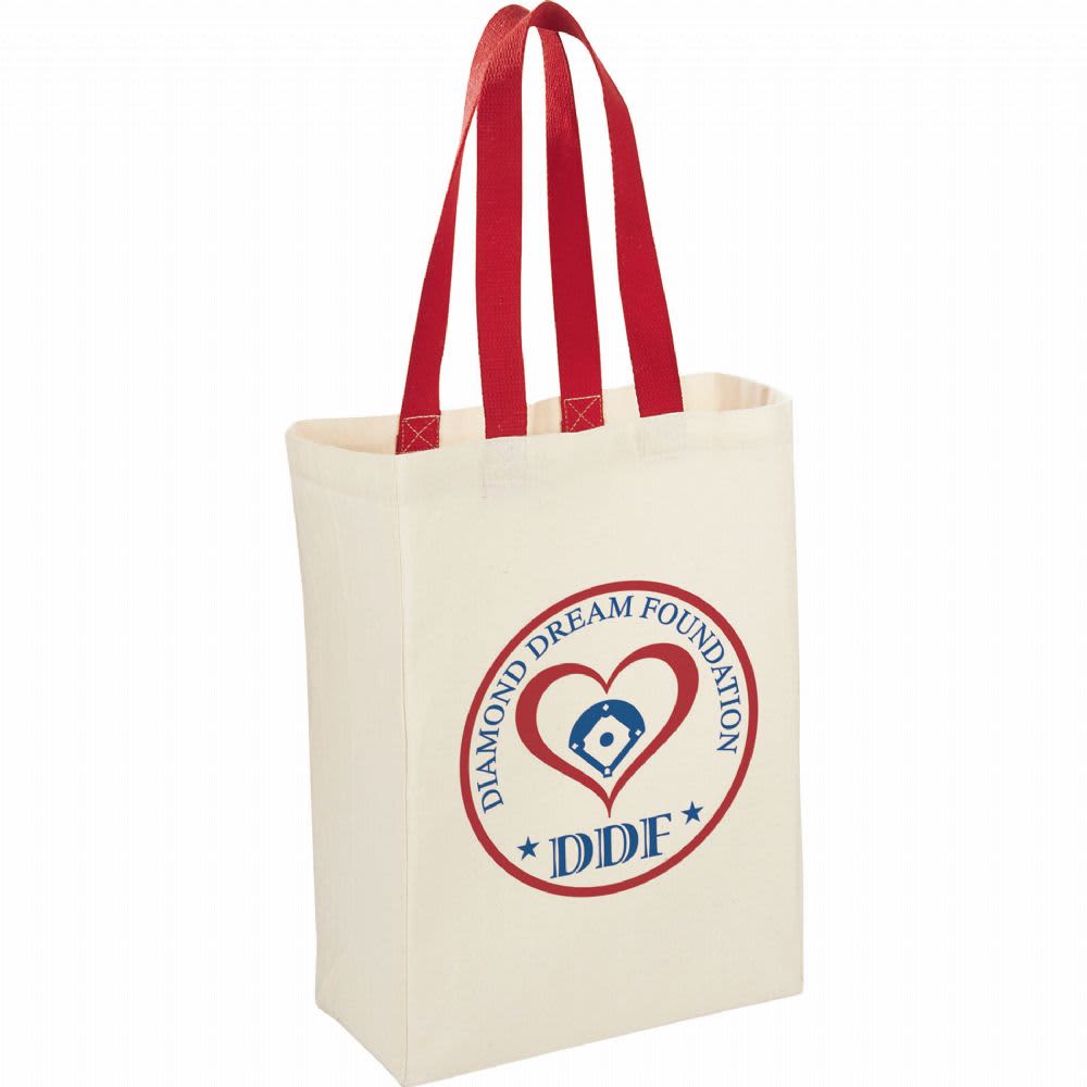 Natural cotton grocery tote in cream with red handles and a round logo featuring a heart and text.