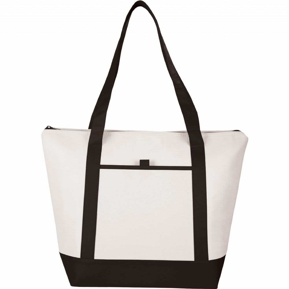 A light cream tote cooler bag with black straps and accents. It includes a front pocket and has a logo.