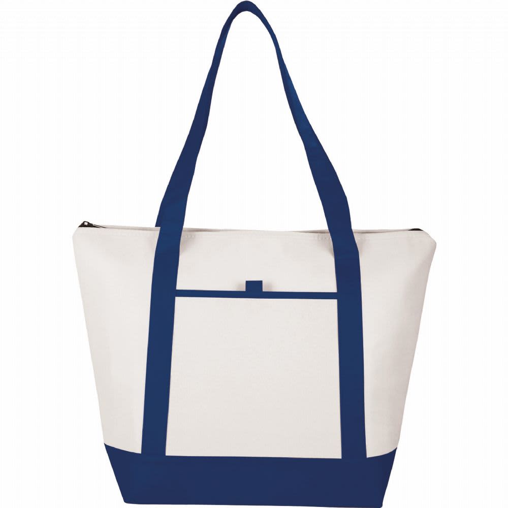 A non-woven boat tote cooler in cream and navy, featuring a zip closure and a front pocket with a logo.