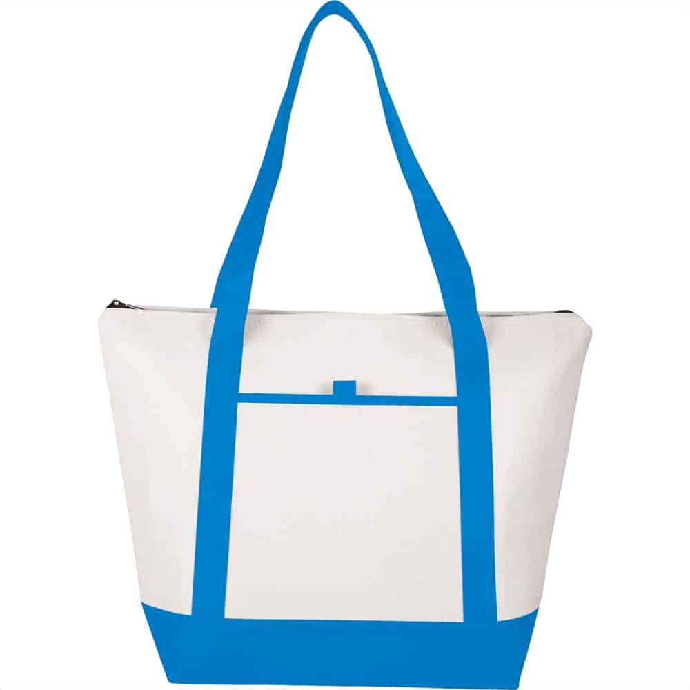 A large, white tote cooler bag with blue straps and base, featuring a simple design and a logo.