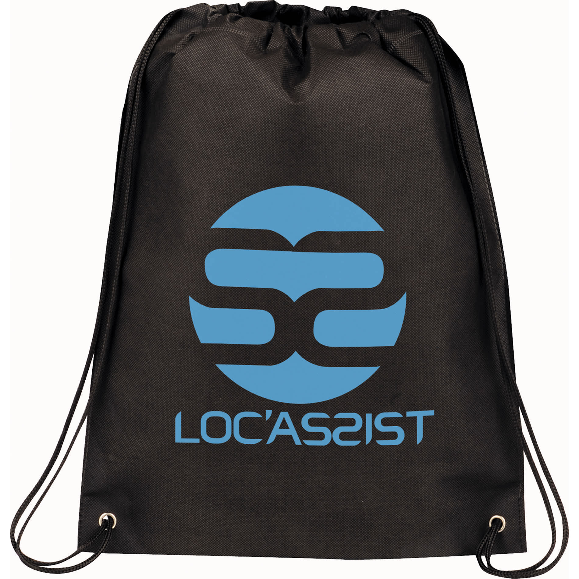 A black drawstring sportspack with a blue logo featuring a circular design and the text 