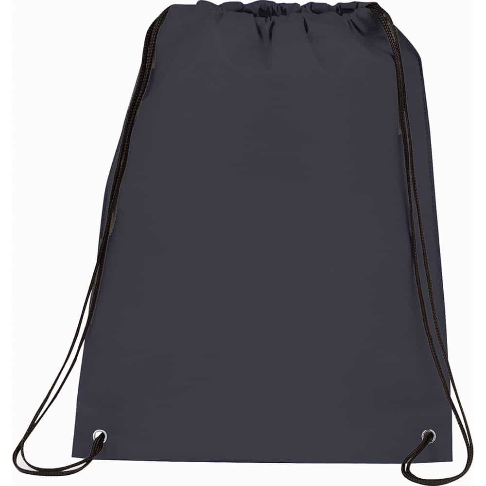A dark grey drawstring sportspack with black cords and eyelets, featuring a logo.