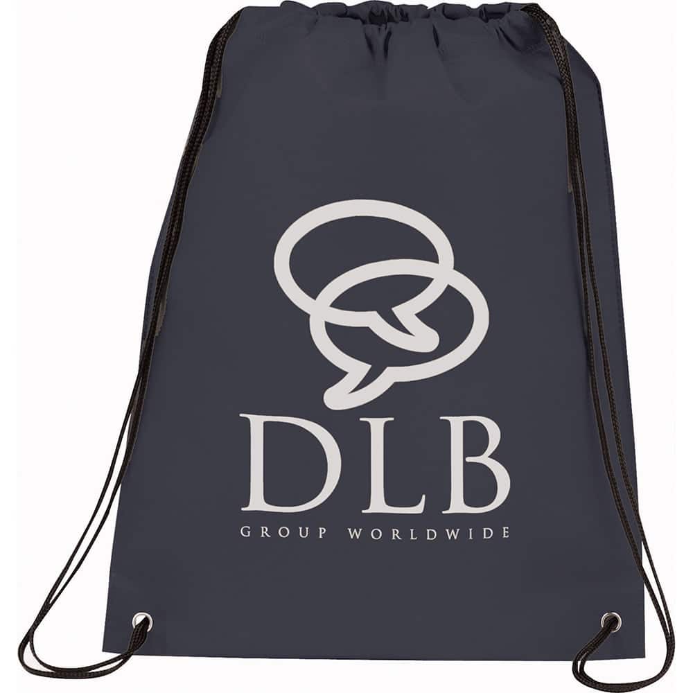 A navy drawstring sportspack with a logo on the front, featuring black cords for closure and carrying.