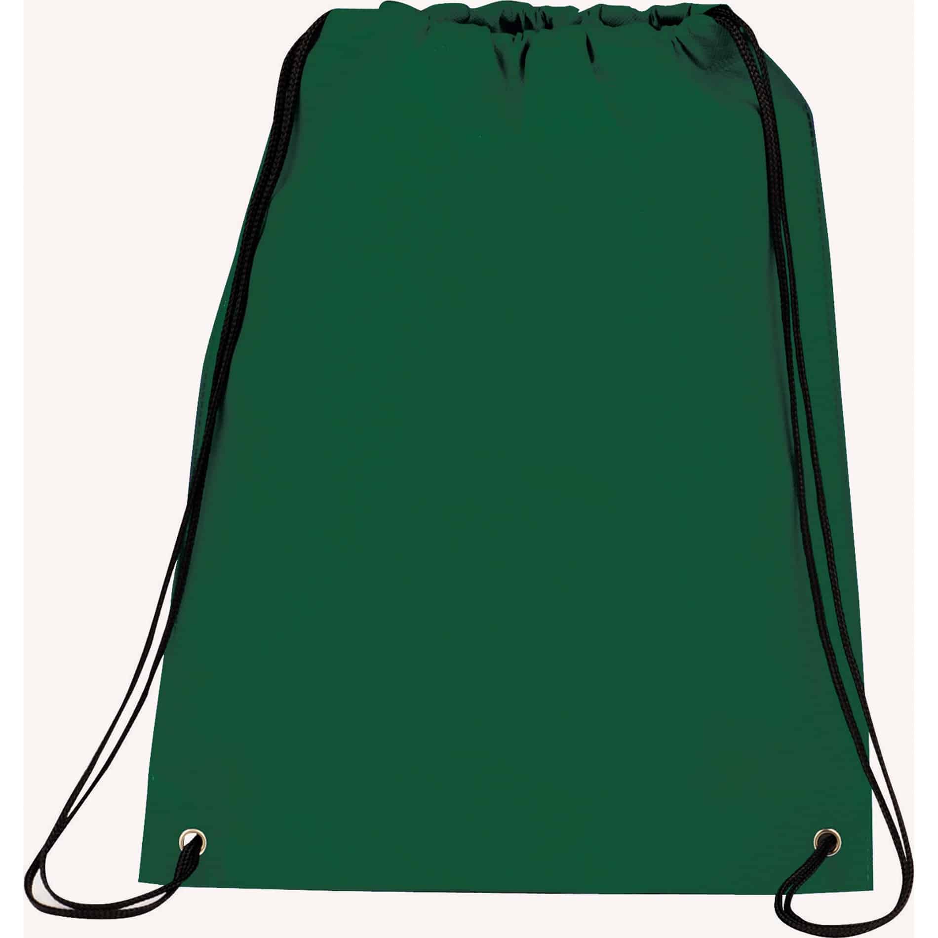 A green drawstring sportspack with black cords and eyelets, featuring a branding logo.
