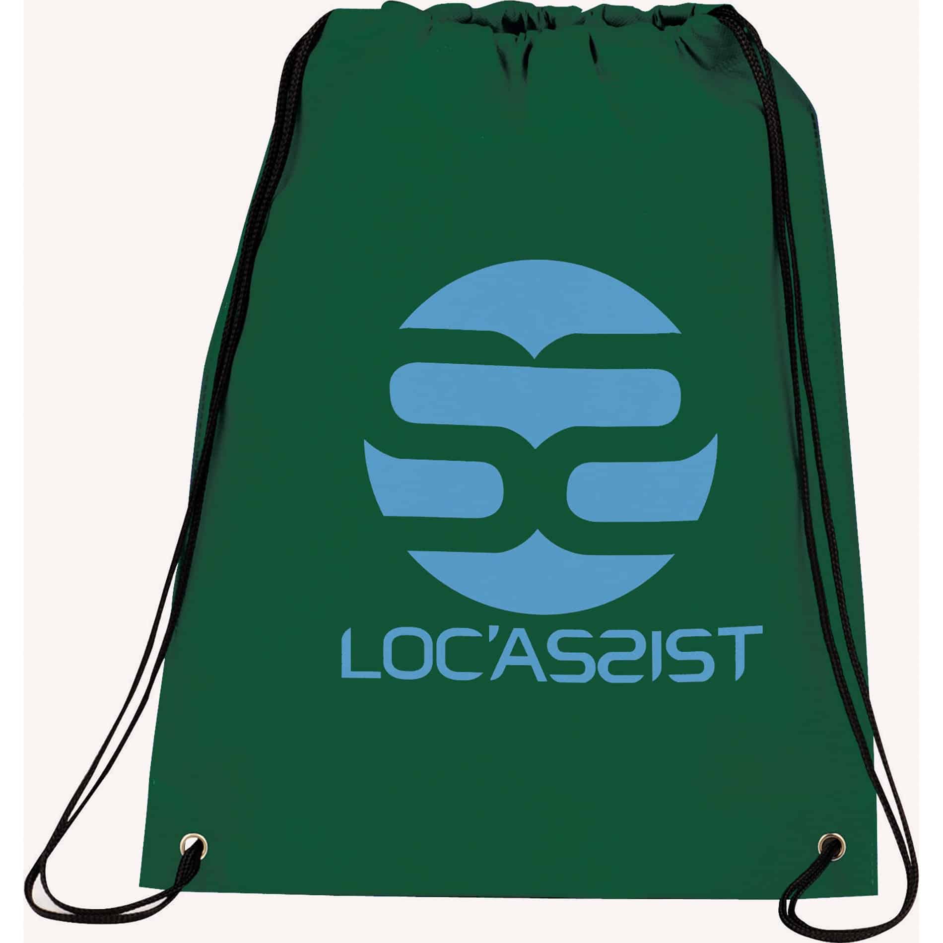 A green drawstring sportspack featuring a logo in light blue. It has black drawstrings and metal eyelets.