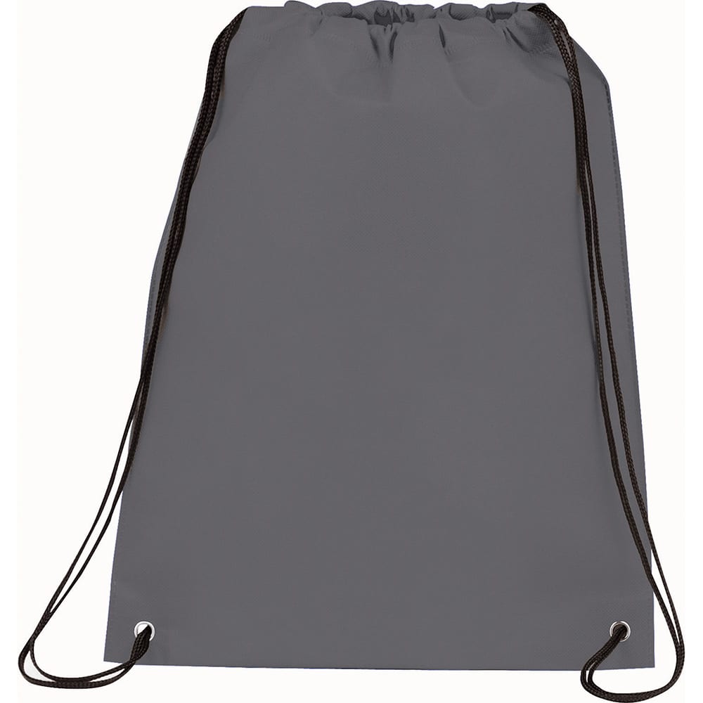 A grey drawstring sportspack with black cords and eyelets, featuring a branding logo.