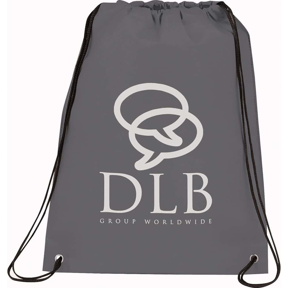 A grey drawstring sportspack with a logo, featuring two cord straps for easy carrying.