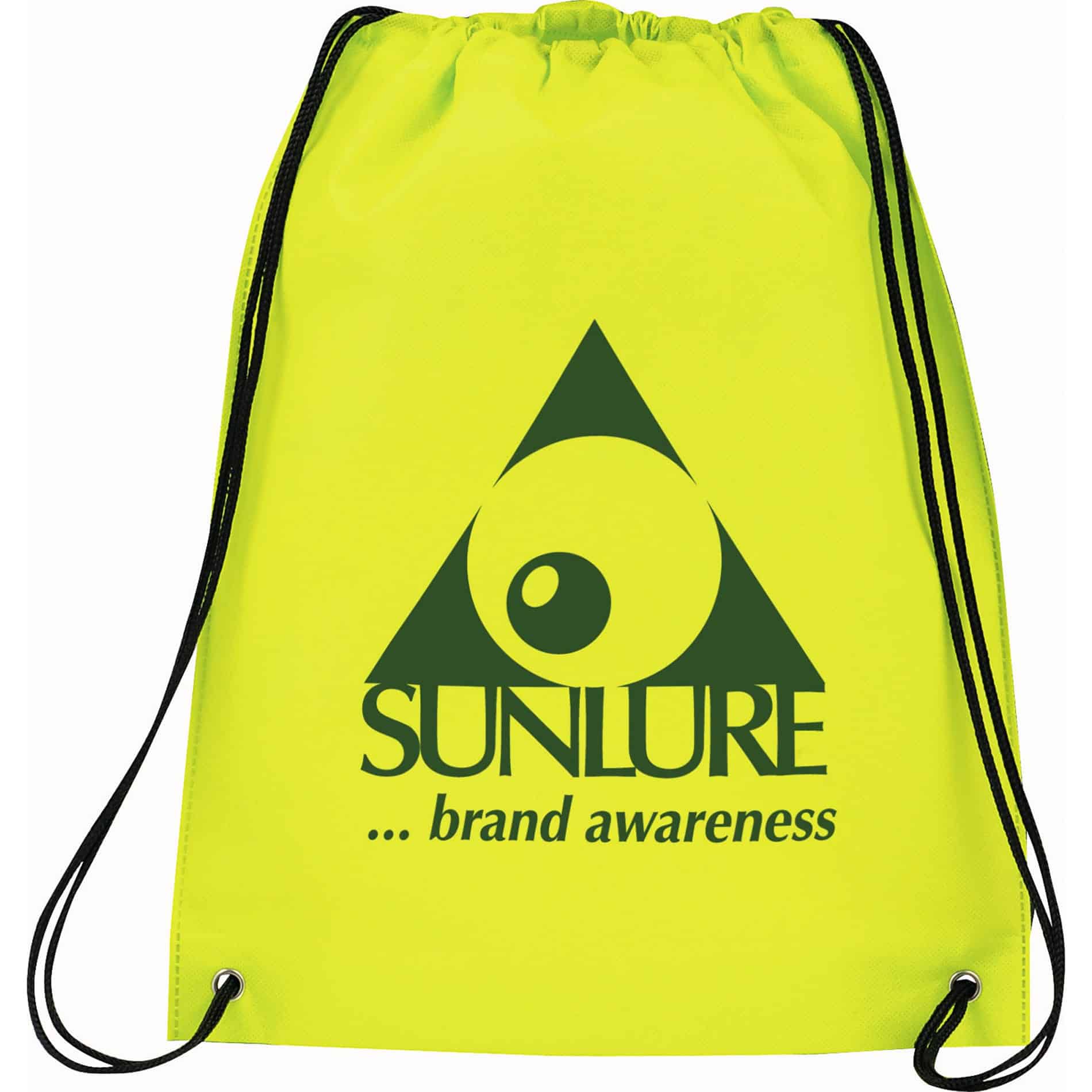 A bright yellow drawstring sportspack with a logo and black cord straps. Ideal for carrying essentials.