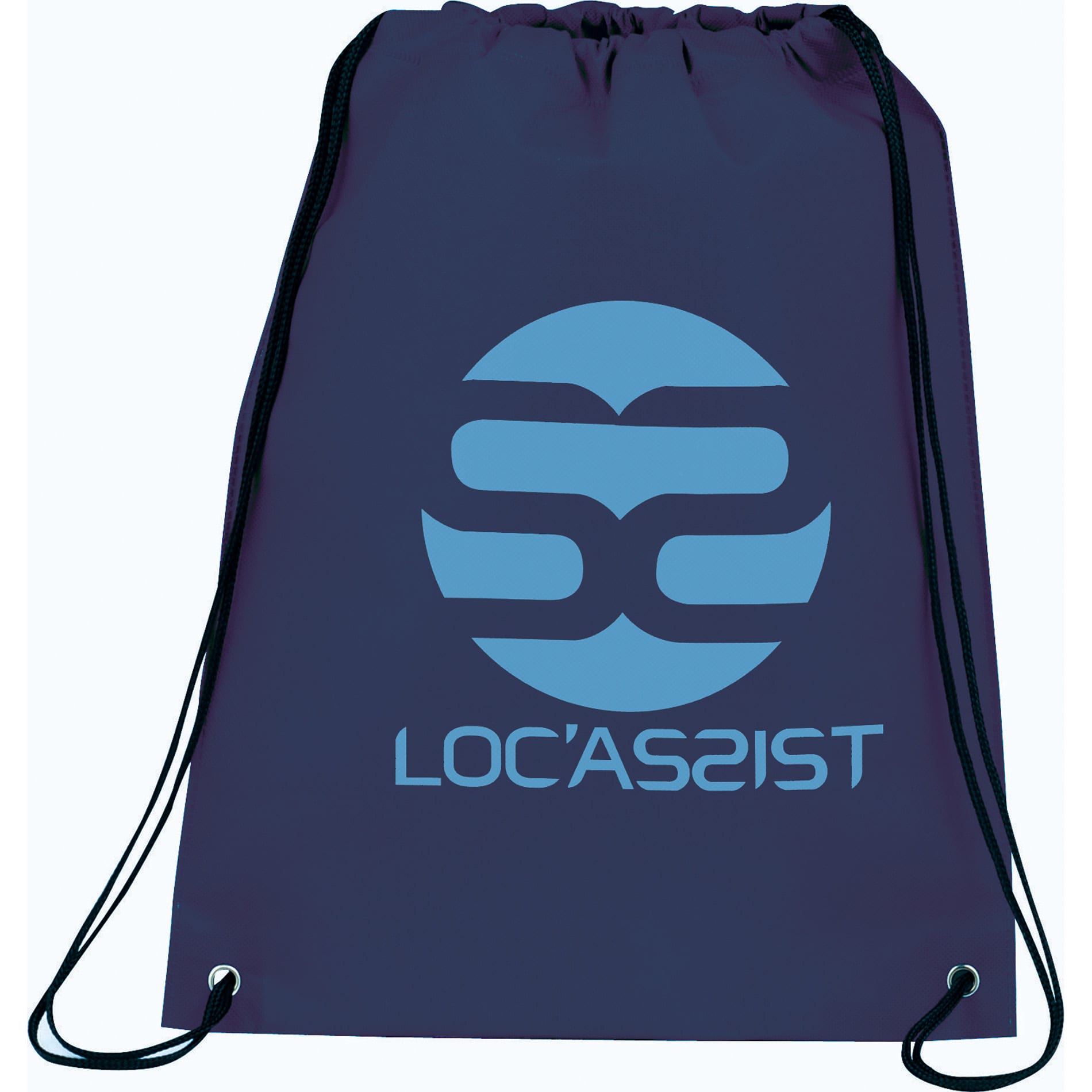 A navy drawstring sportspack with a logo displayed prominently on the front.
