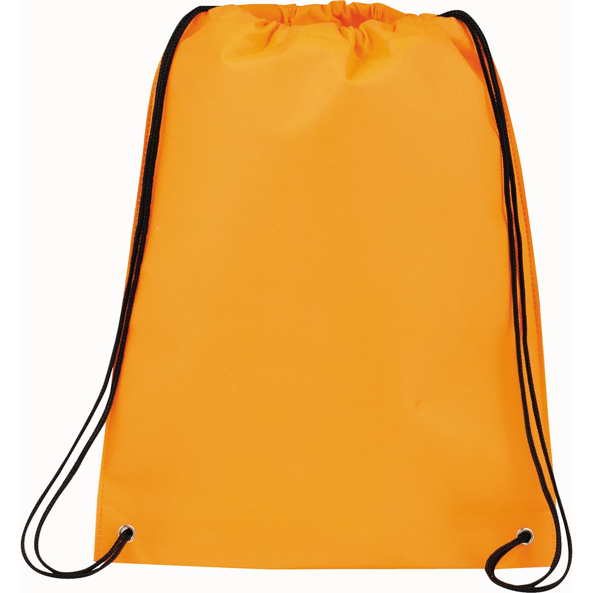 An orange drawstring sportspack with black cord straps and a plain design, featuring a branding logo.