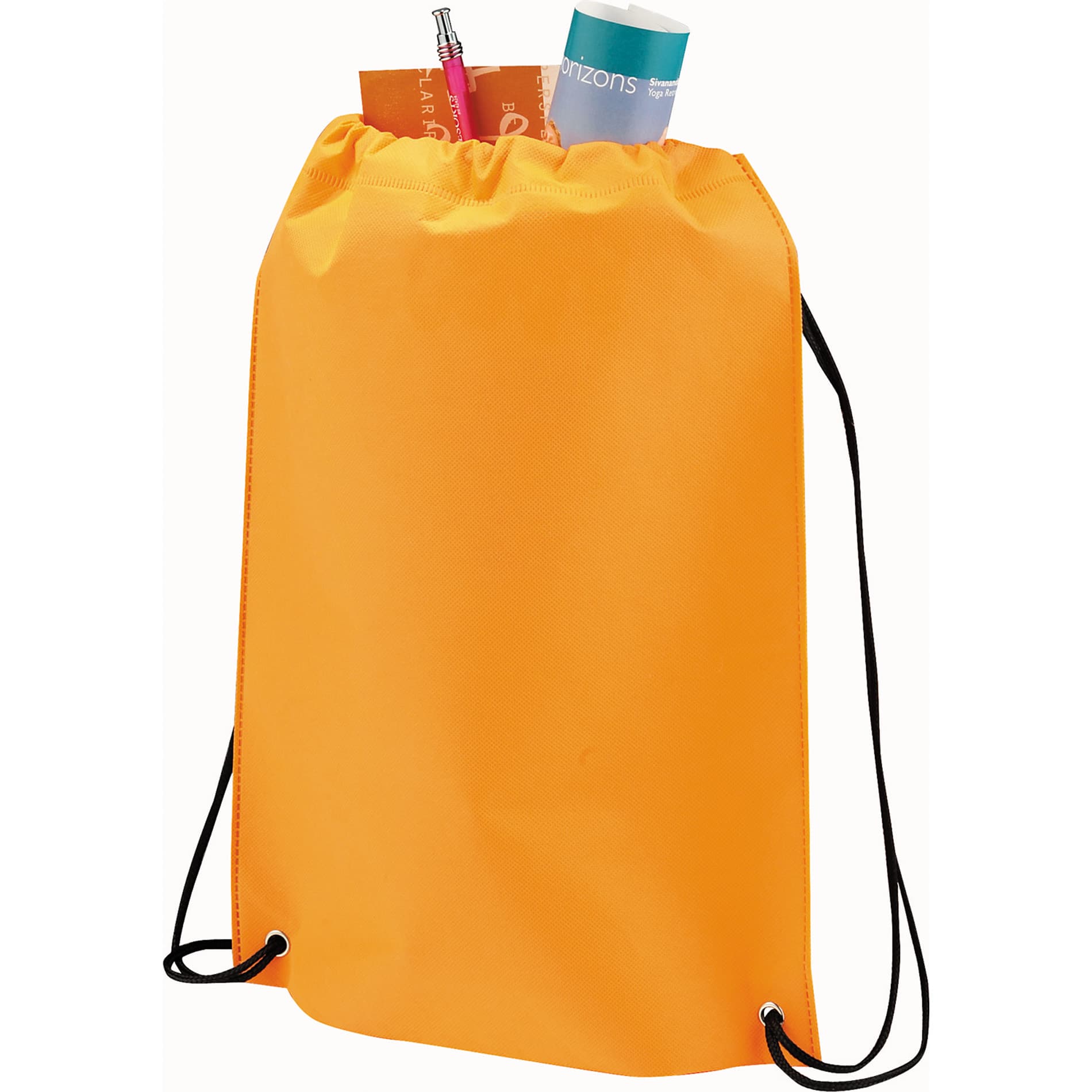 An orange drawstring sportspack with black cords, filled with a drink bottle and two other items.
