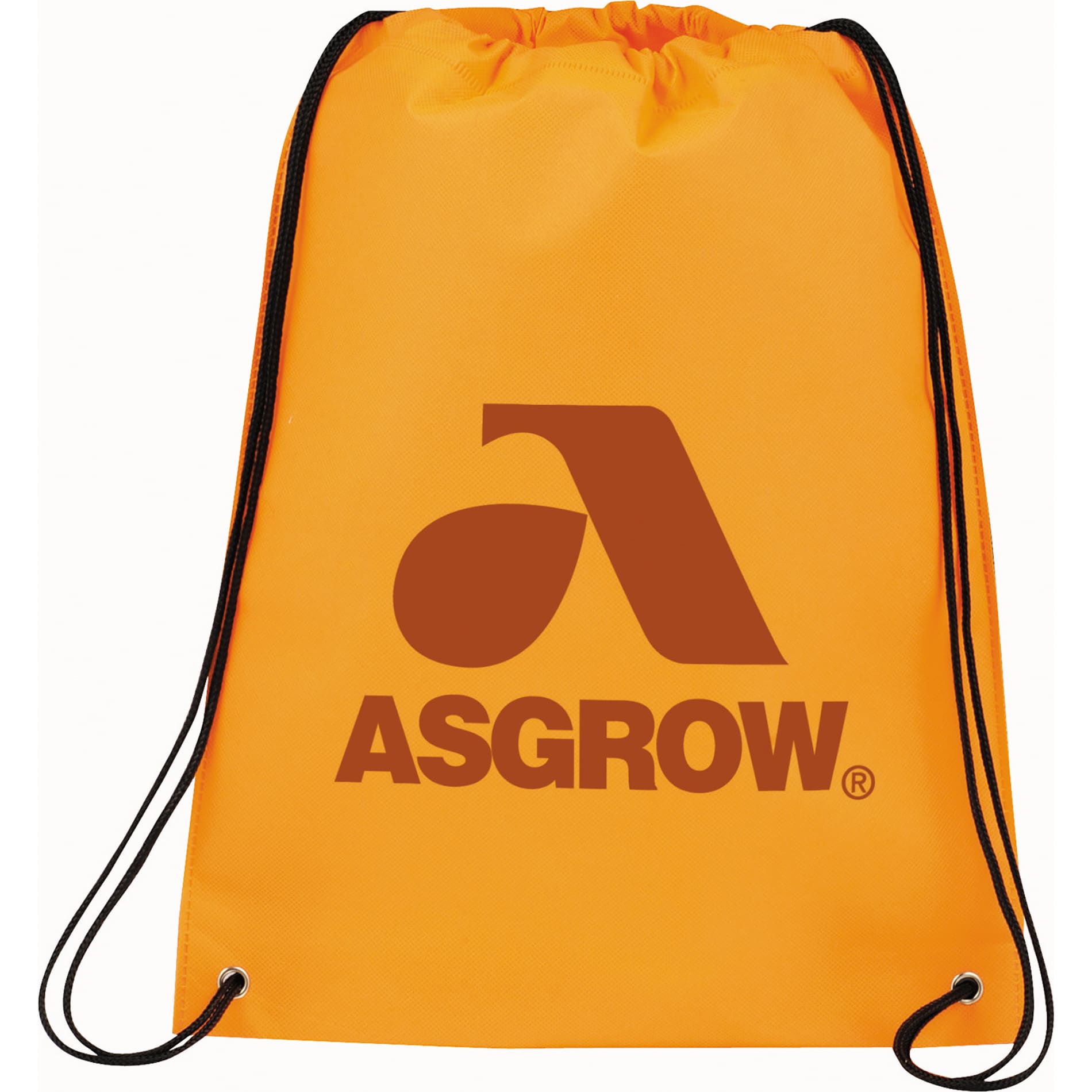 An orange drawstring sportspack featuring a logo and black drawstrings. Ideal for carrying essentials.