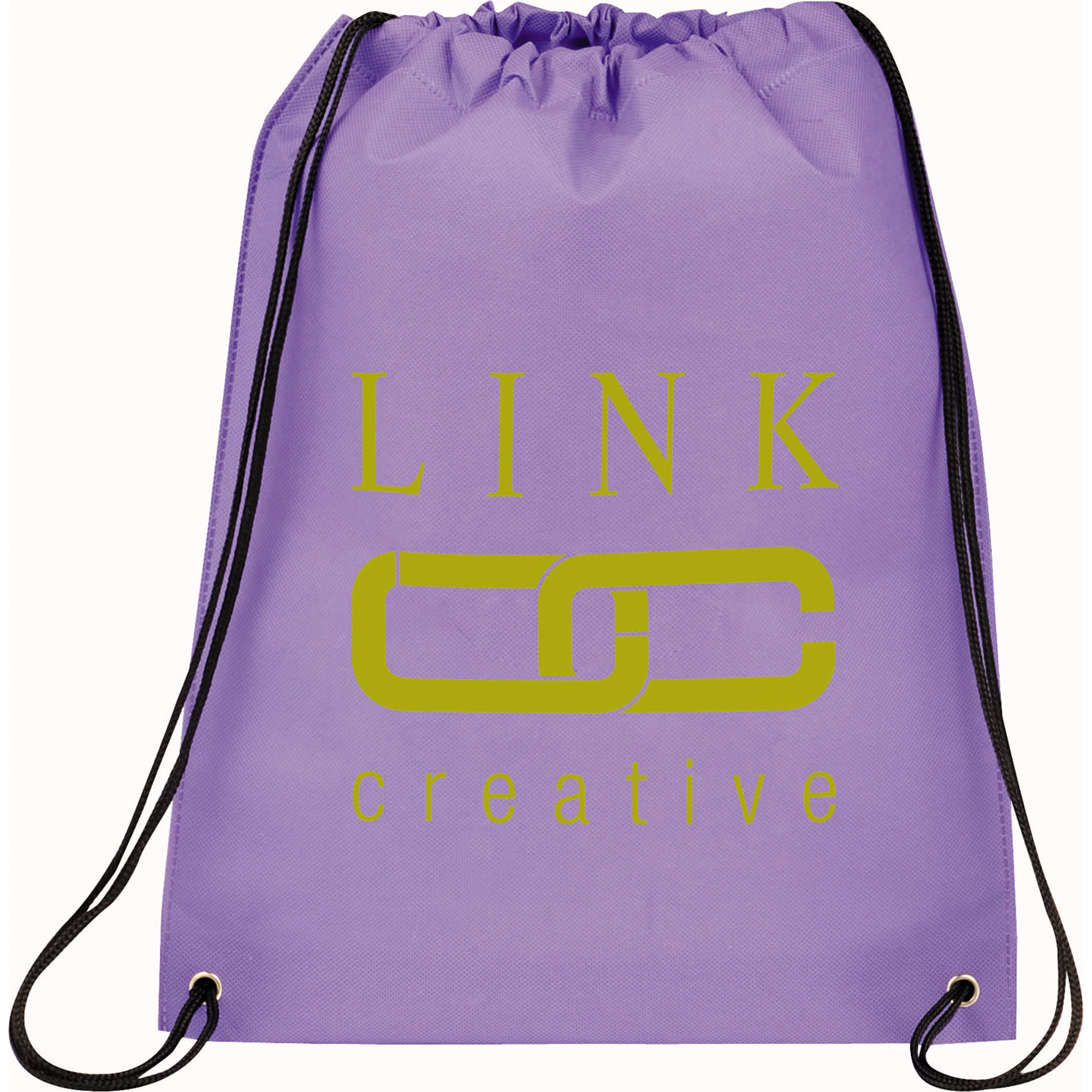 A purple drawstring sportspack featuring a logo in green. The bag has a simple and functional design.