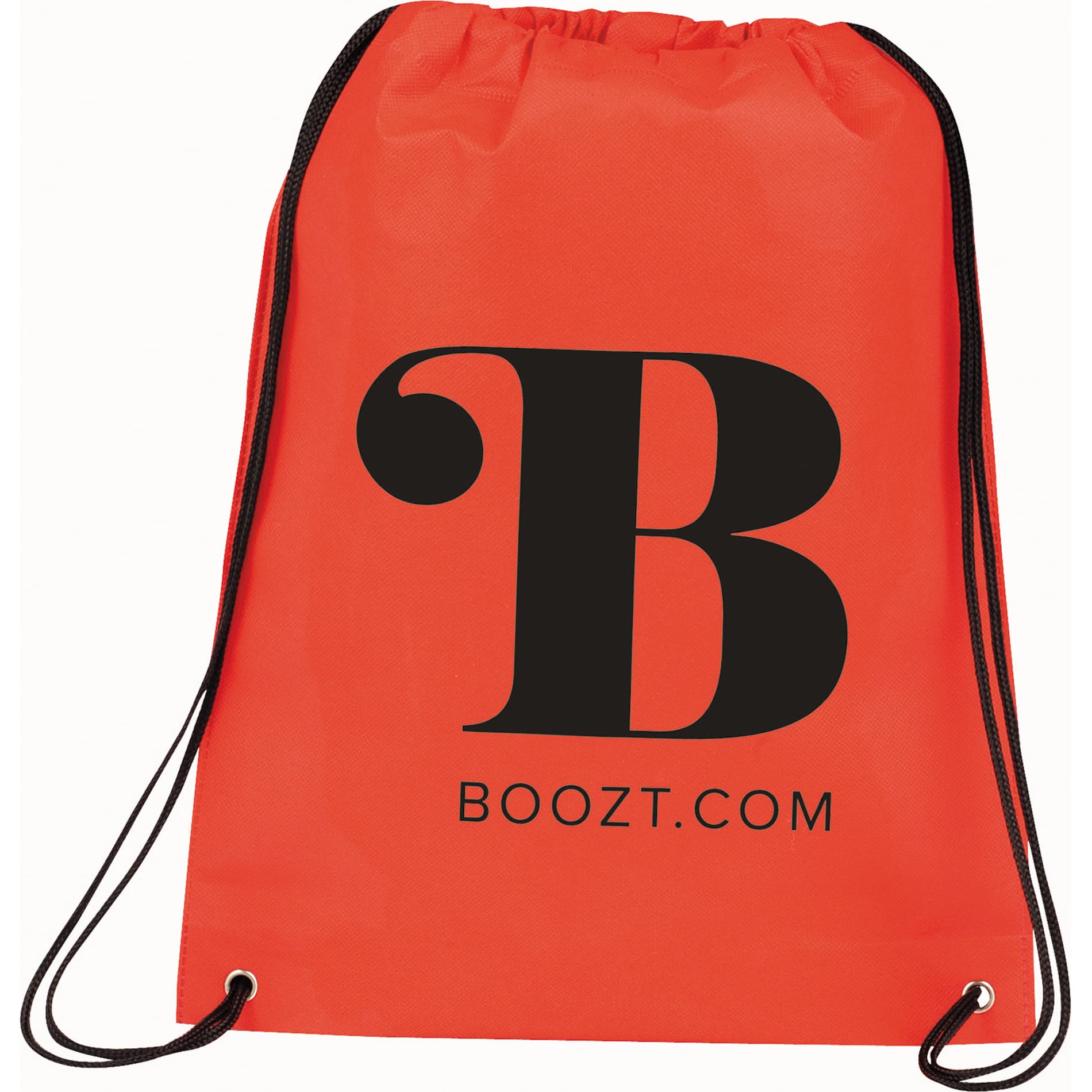 An orange drawstring sportspack featuring a large black logo and a text branding on the front.