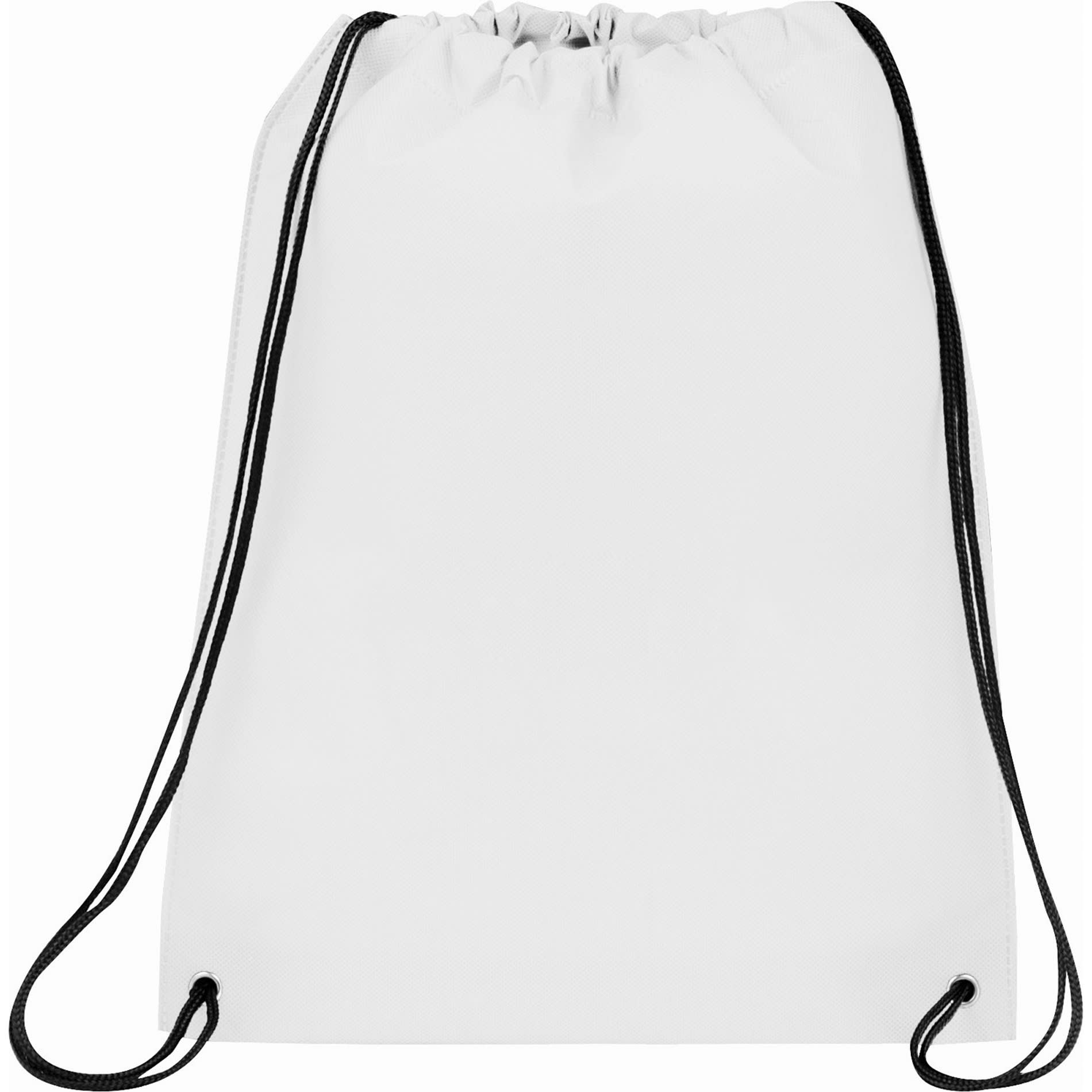 A white drawstring sportspack with black cords and a logo. Ideal for carrying items conveniently.