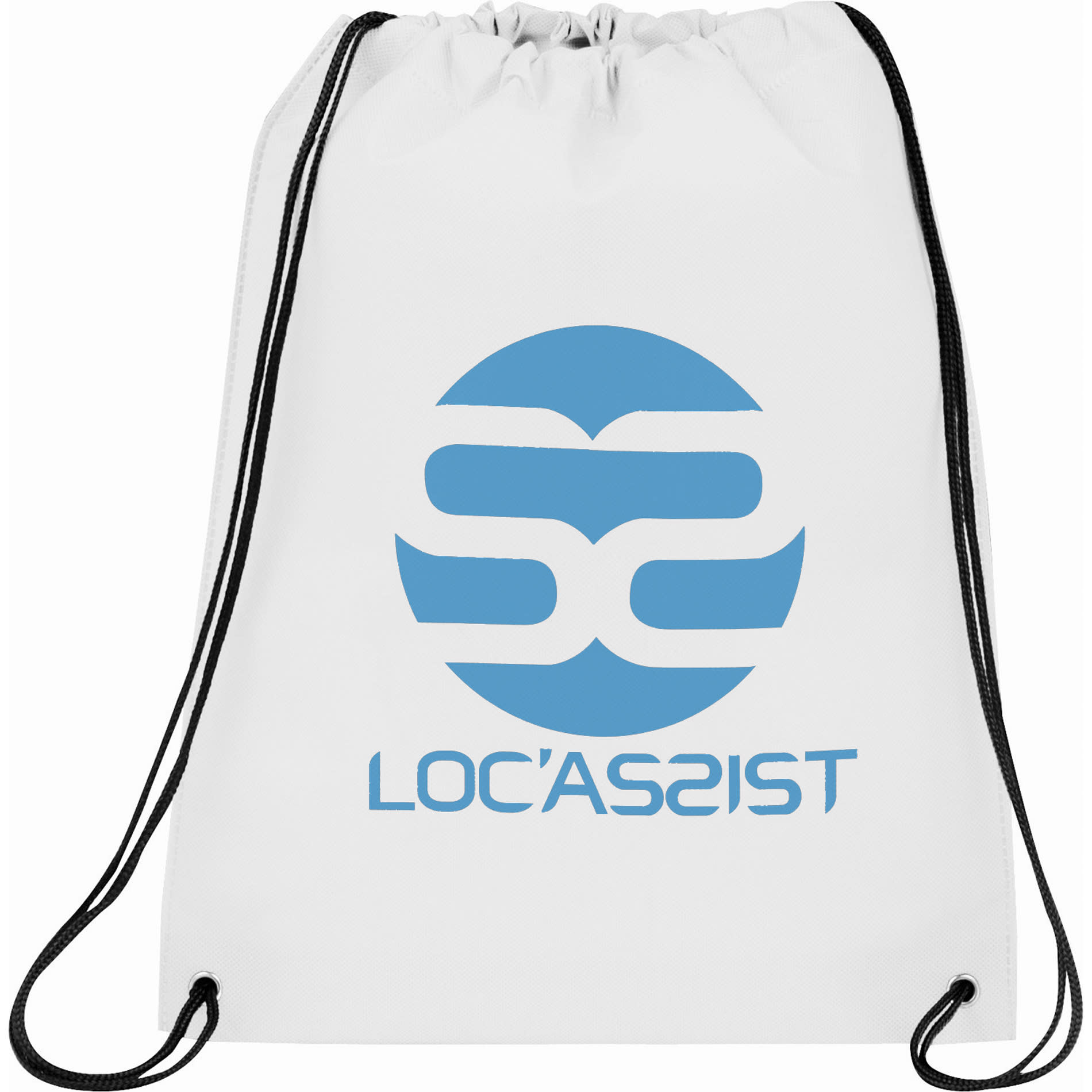 A white drawstring sportspack with a blue logo and matching black cords.