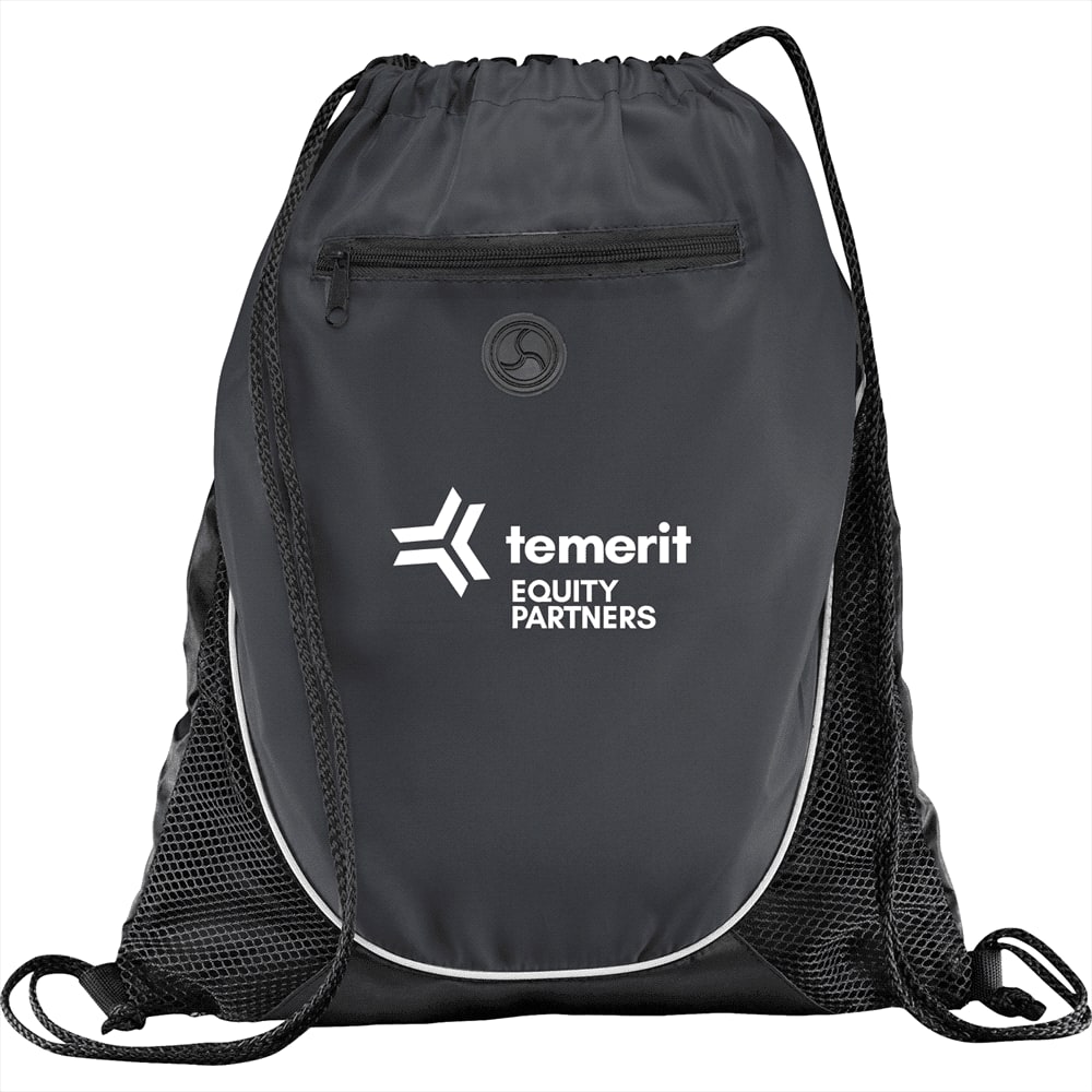 A black drawstring sportspack featuring a logo and a mesh pocket.