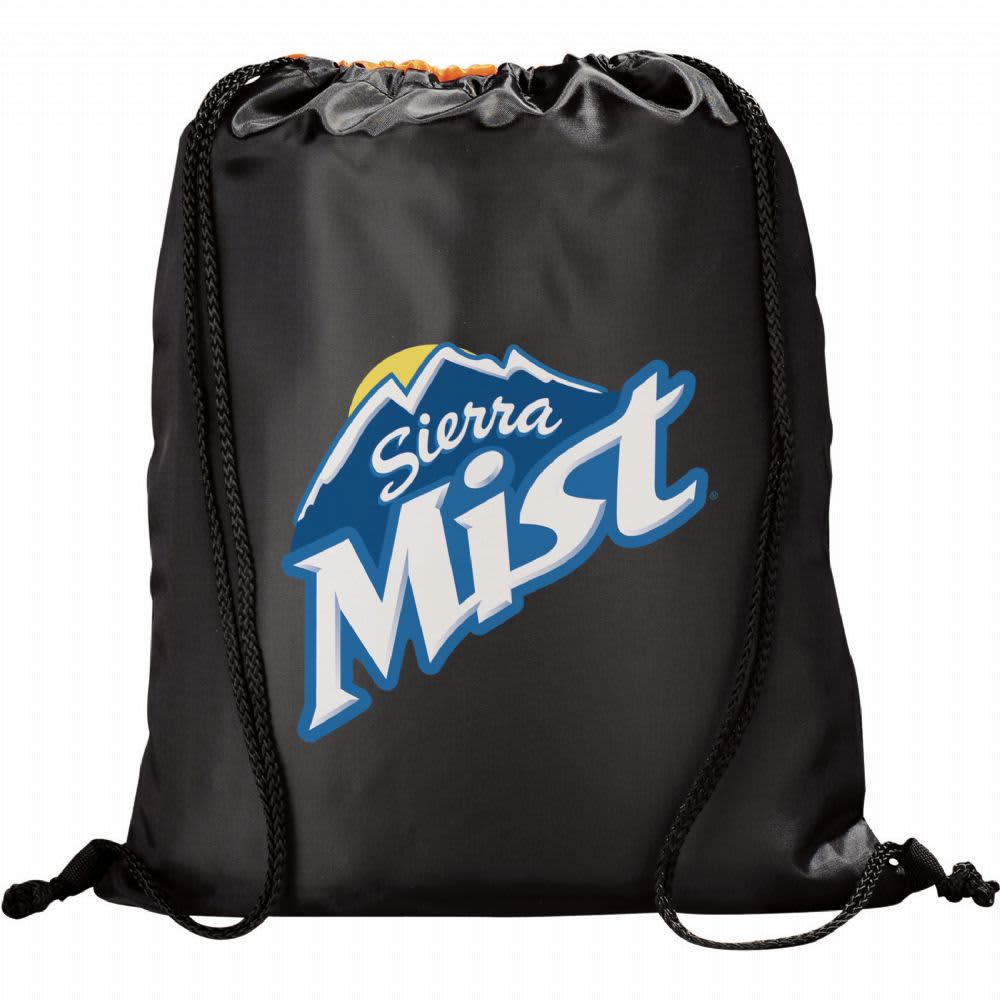 A black drawstring sportspack featuring a logo and orange accents.