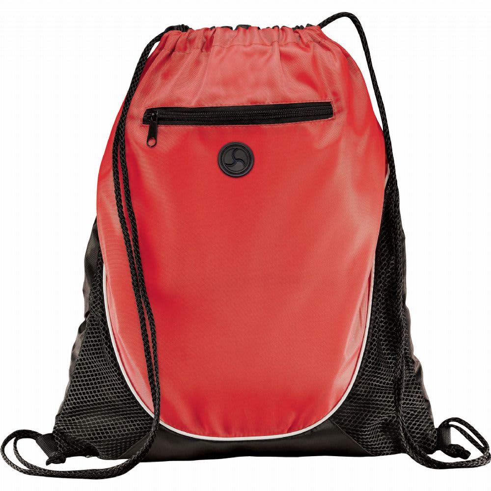 A red and black drawstring sportspack features a front zipper pocket and mesh sides, with a logo displayed.