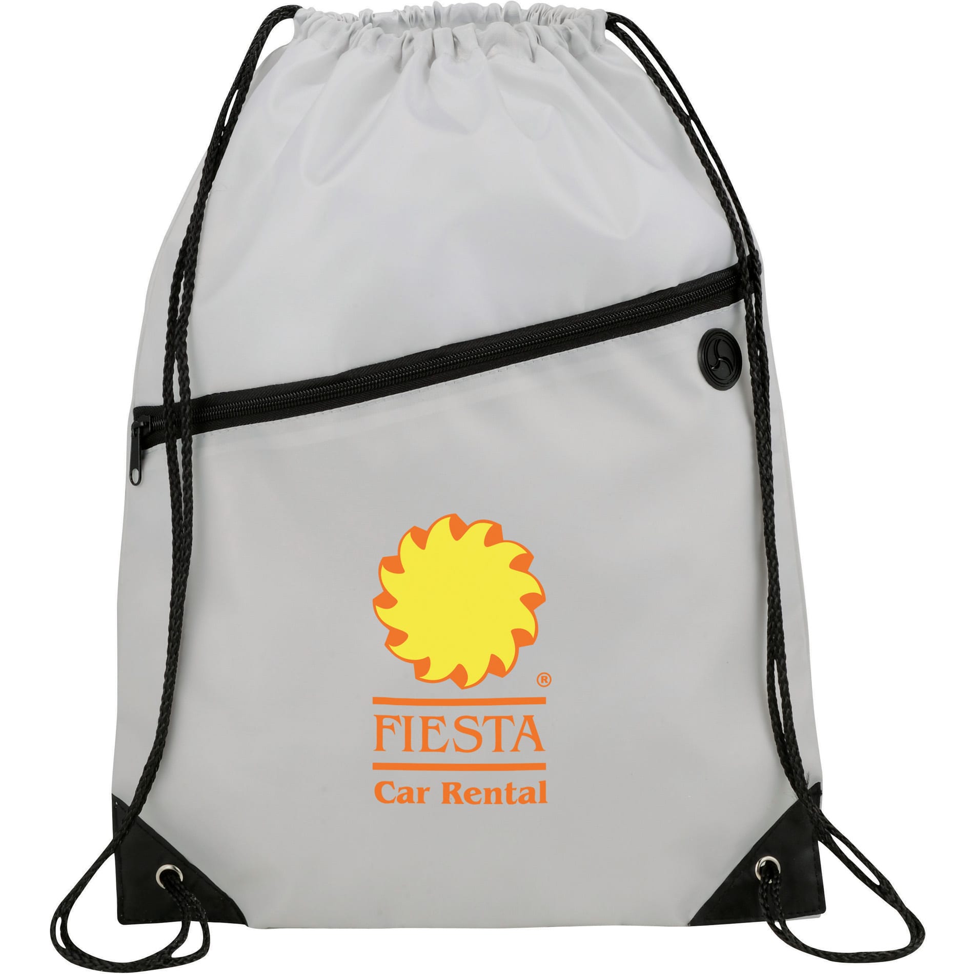 A drawstring sportspack in grey with black accents and a zippered pocket, featuring a logo on the front.