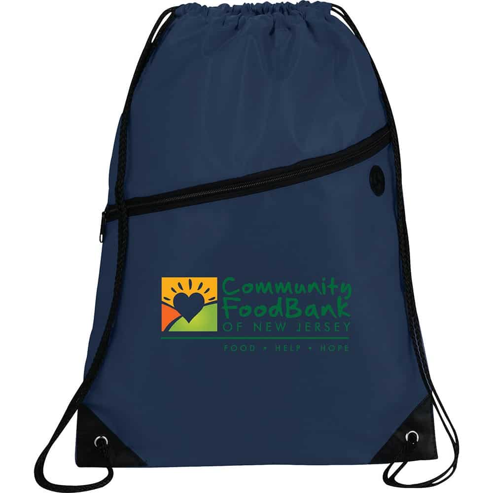 A navy drawstring sportspack featuring a front zip pocket and a logo. Fabric has a smooth finish.