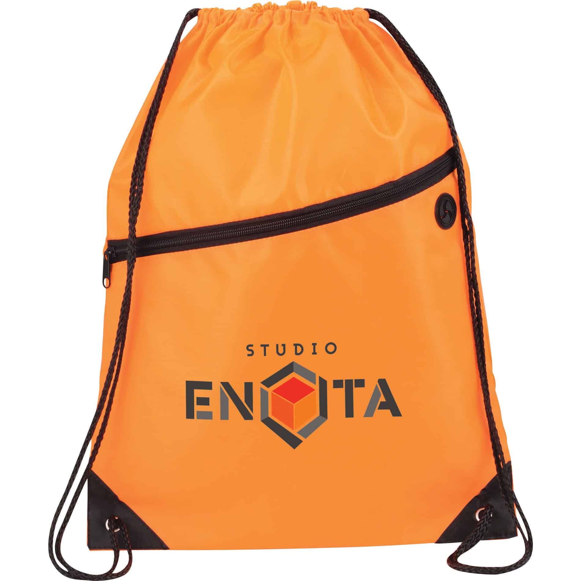 An orange drawstring sportspack with a front zip pocket and black accents, featuring a logo.