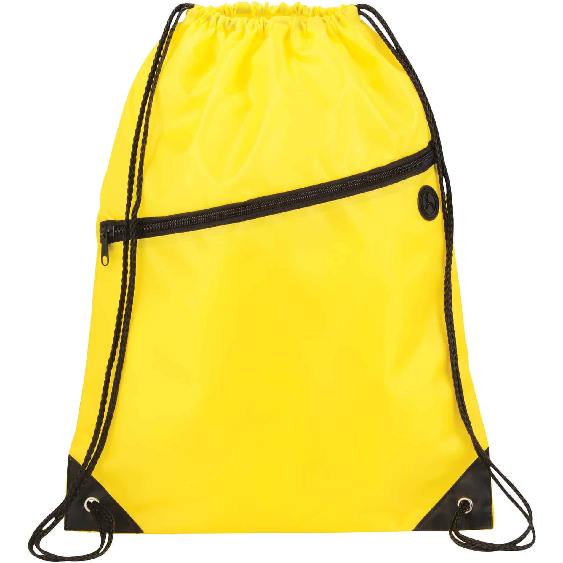 A bright yellow drawstring sportspack with a zippered pocket and black accents. Features a logo.