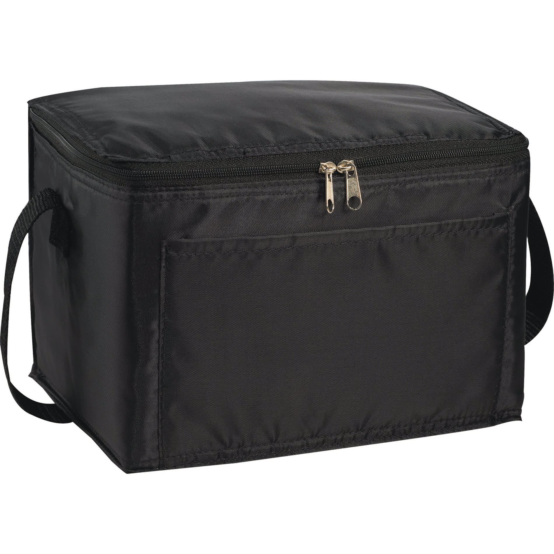 A black cooler bag with a zip closure, featuring side handles and a front pocket. It has a logo on the front.