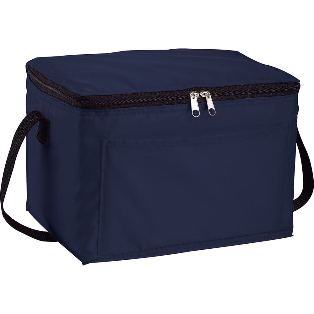 A navy cooler bag with a zippered top, featuring a side handle and an additional outer pocket.