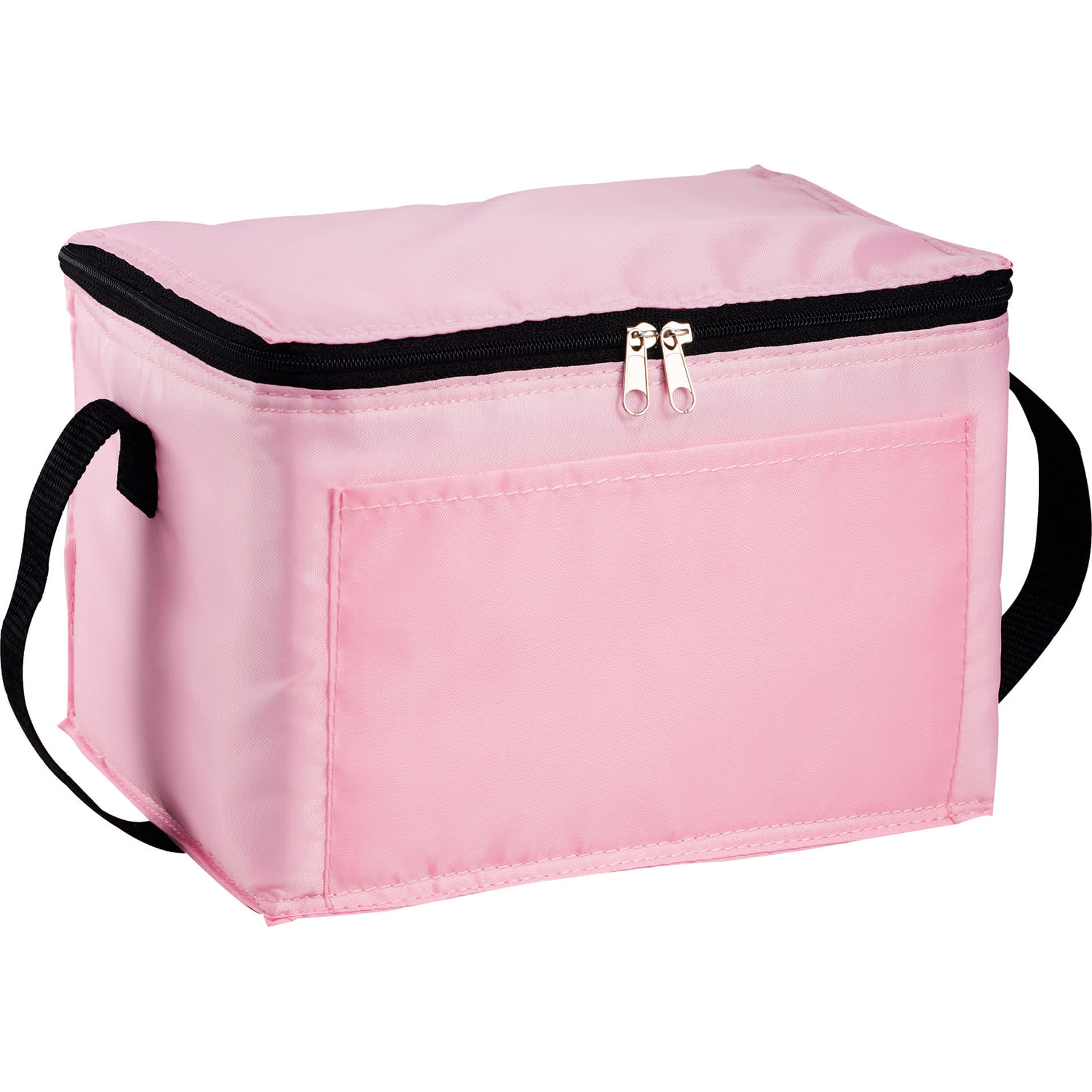 A pink cooler bag featuring a zip closure and a black trim, with a side handle for easy carrying.