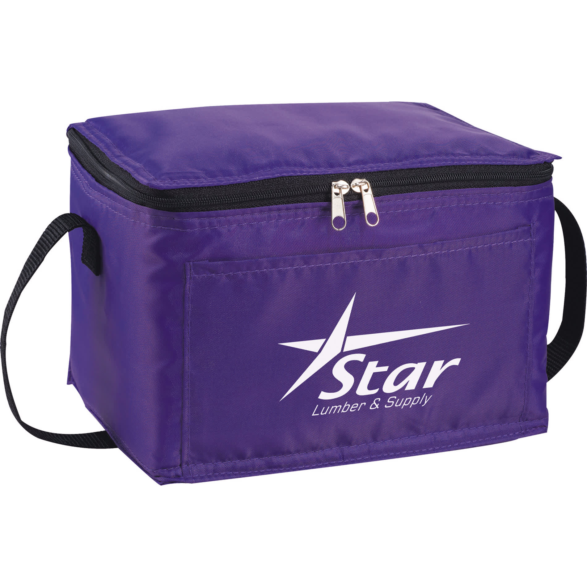 A purple cooler bag with a zippered top and a side handle, featuring a logo on the front.