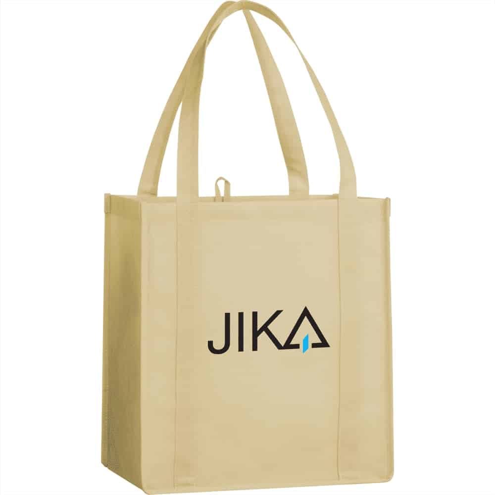 A cream-coloured reusable grocery tote with two handles and a logo on the front.