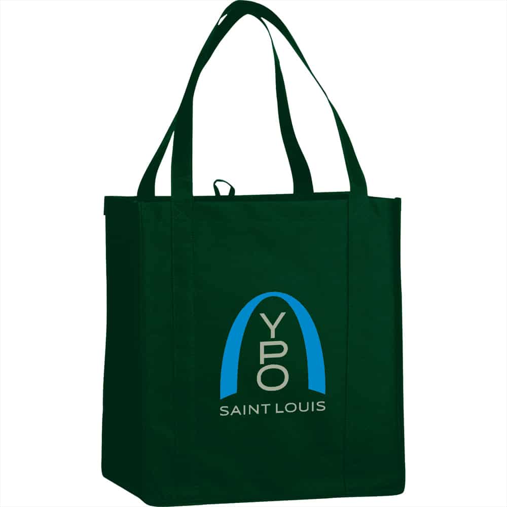 A green non-woven grocery tote with two handles and a logo on the front.