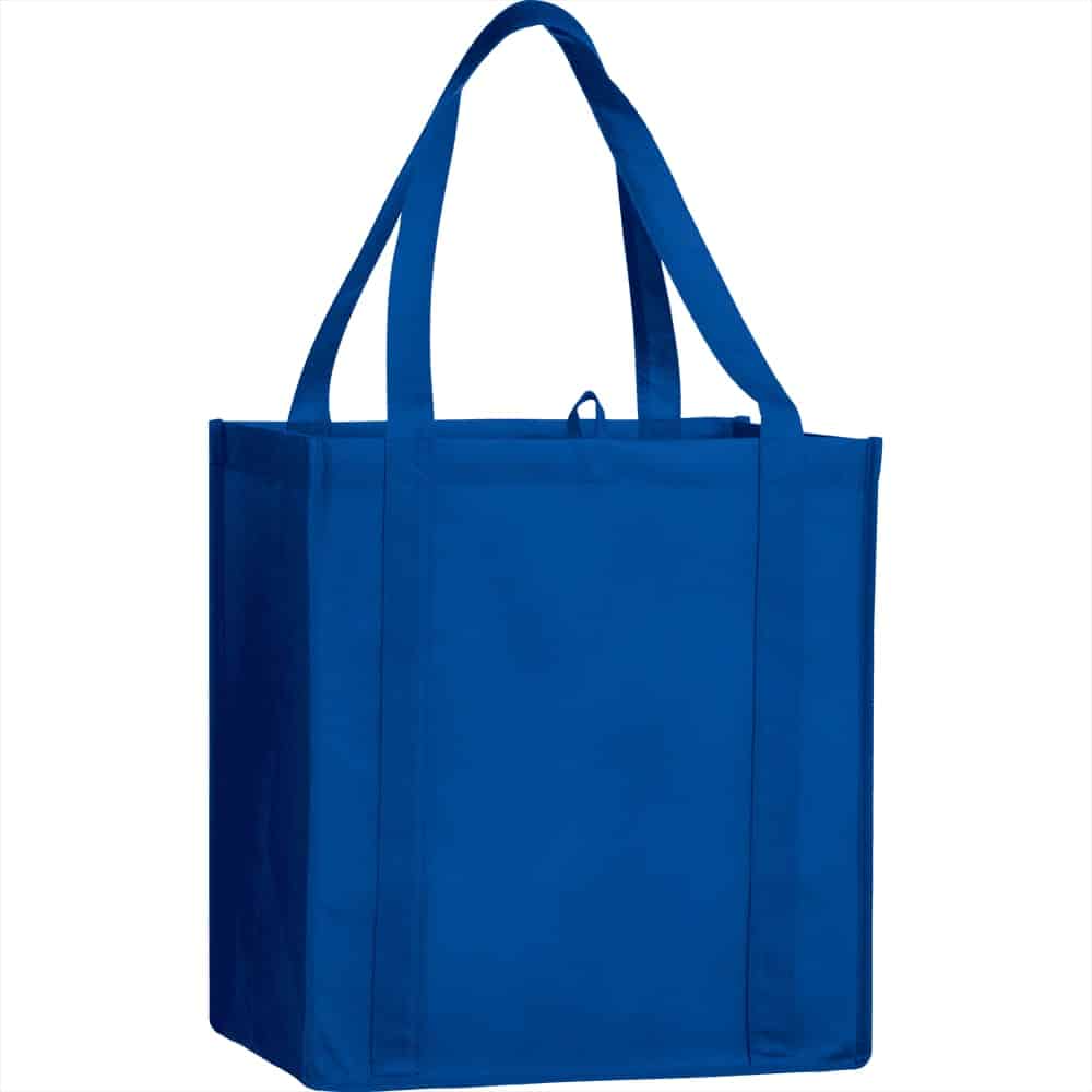 A blue non-woven grocery tote bag with sturdy handles and a square shape. Features a logo on the side.