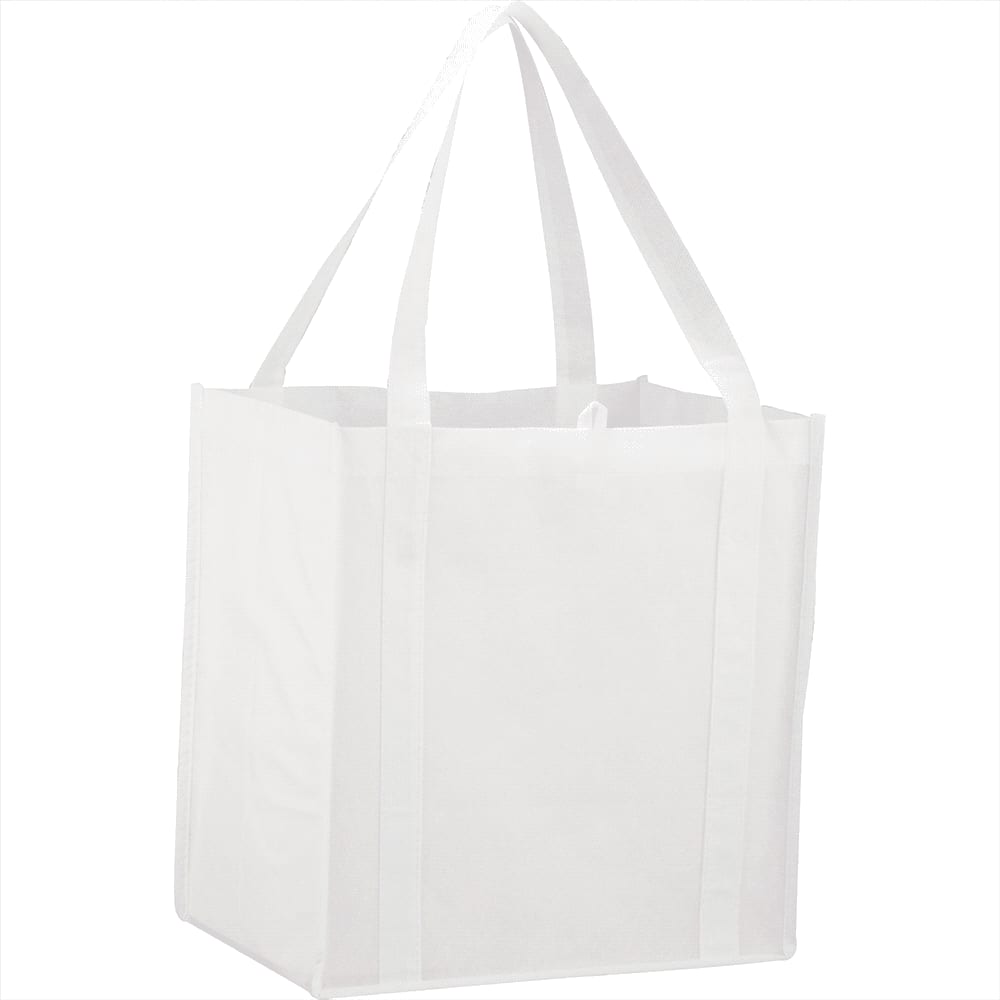 A white reusable grocery tote bag with sturdy handles and a logo. Suitable for carrying groceries and other items.
