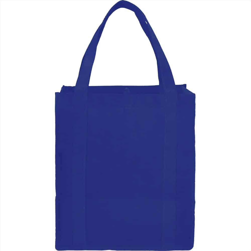 A blue reusable grocery tote bag with sturdy handles and an interior compartment. It features a logo.
